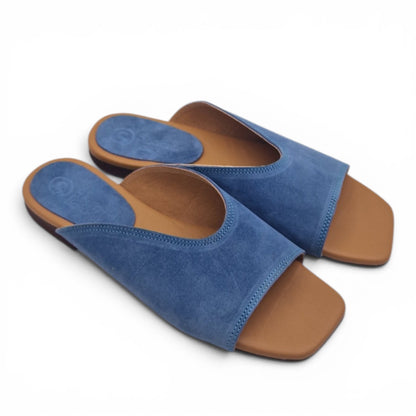 Sandalo Donna Scalzato Scarpine Italiane Summer in Pelle Scamosciata Jeans con Sottopiede Imbottito