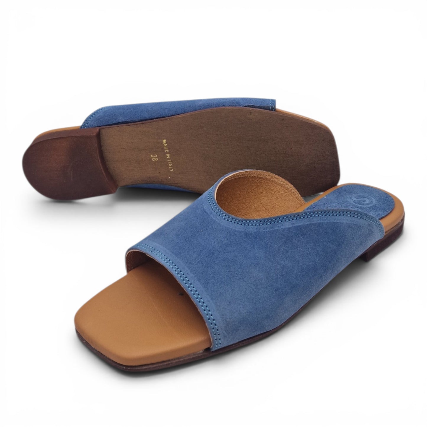 Sandalo Donna Scalzato Scarpine Italiane Summer in Pelle Scamosciata Jeans con Sottopiede Imbottito