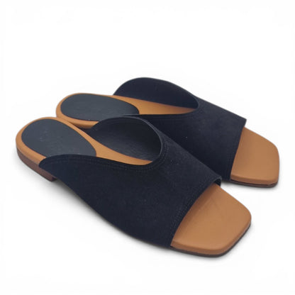 Sandalo Donna Scalzato Scarpine Italiane Summer in Pelle Scamosciata Nero con Sottopiede Imbottito