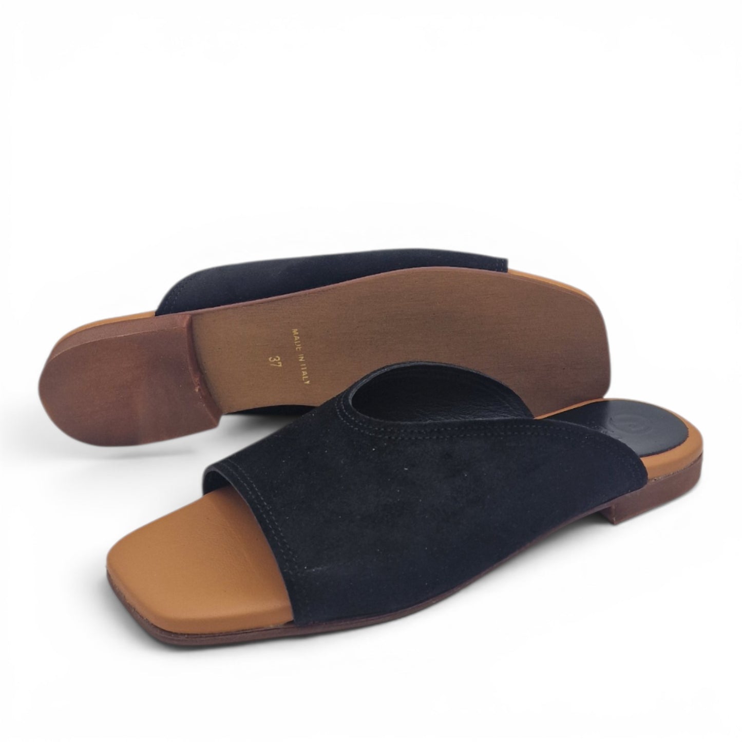 Sandalo Donna Scalzato Scarpine Italiane Summer in Pelle Scamosciata Nero con Sottopiede Imbottito