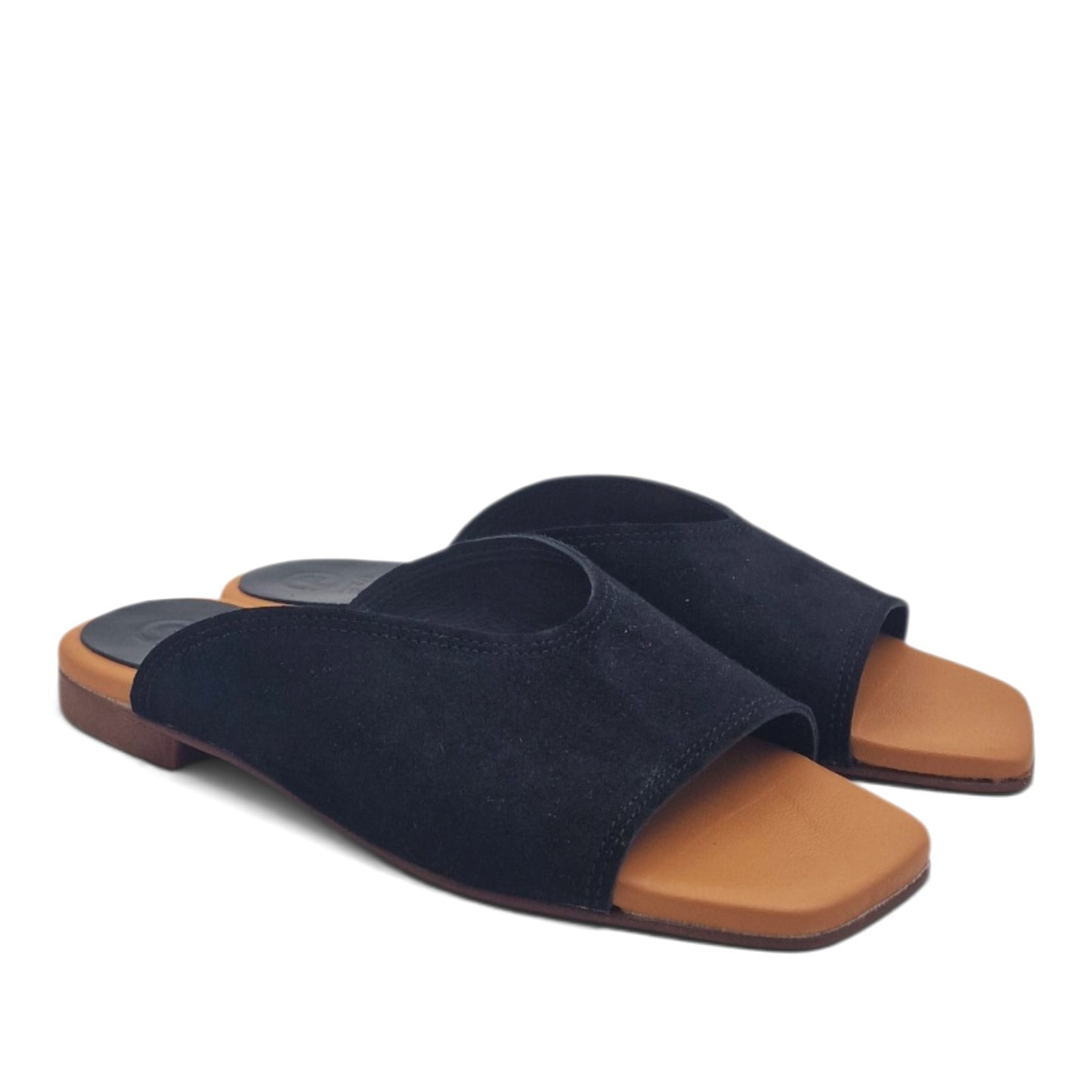 Sandalo Donna Scalzato Scarpine Italiane Summer in Pelle Scamosciata Nero con Sottopiede Imbottito