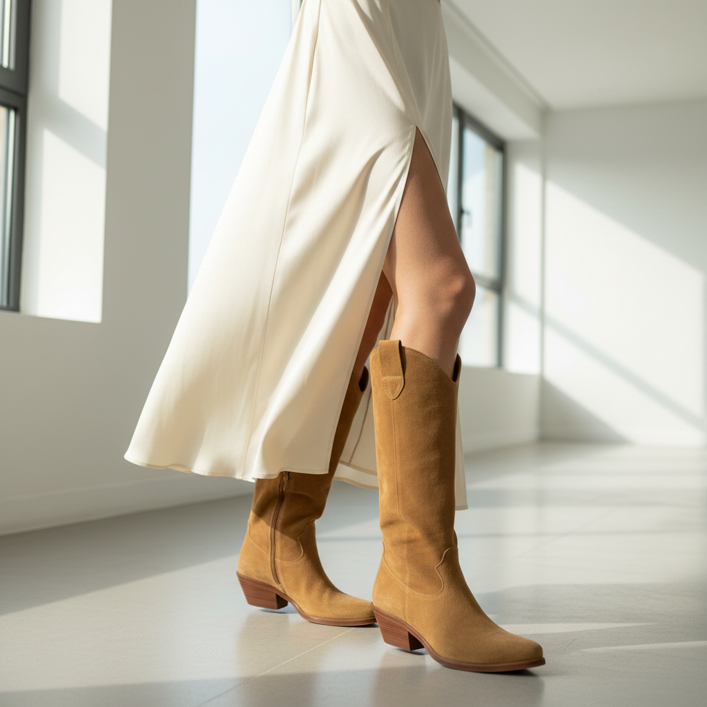 Stivale Donna Texano in Pelle Scamosciata Cuoio