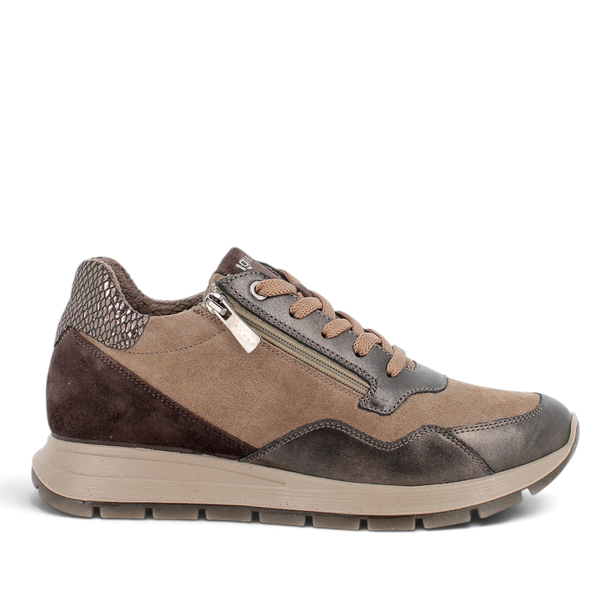 Sneakers Donna IGI&CO in Pelle Fango con dettagli Bronzo con Zip e Rialzo Interno 2 cm
