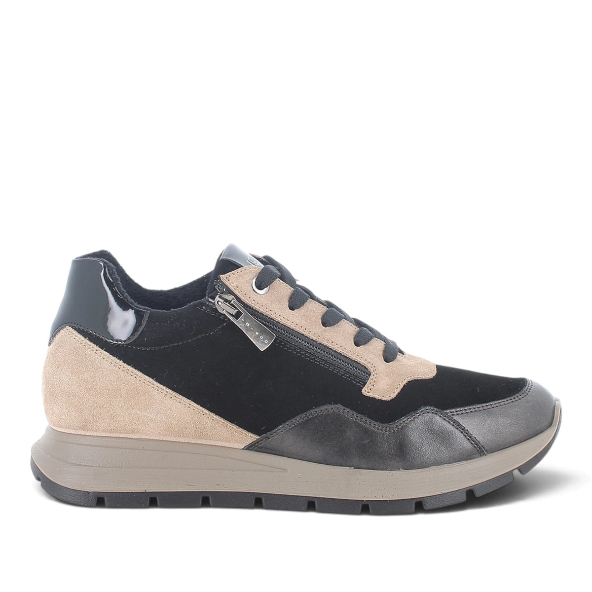 Sneakers Donna IGI&CO in Pelle Nero Acciaio con dettagli Beige con Zip e Rialzo Interno 2 cm
