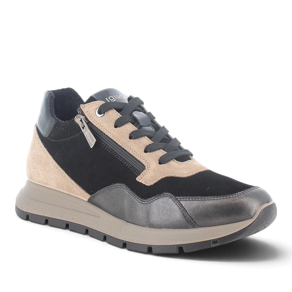 Sneakers Donna IGI&CO in Pelle Nero Acciaio con dettagli Beige con Zip e Rialzo Interno 2 cm