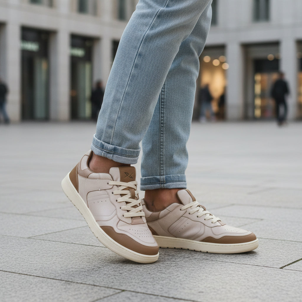 Sneakers Uomo Frau in Pelle Vintage Cuoio e Off White Urban Retro'