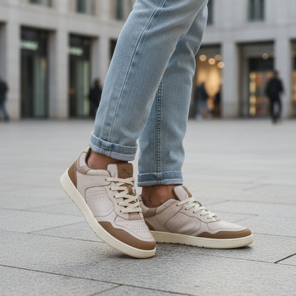 Sneakers Uomo Frau in Pelle Vintage Cuoio e Off White Urban Retro'