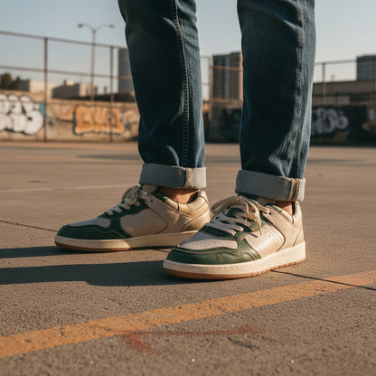 Sneakers Uomo Frau in Pelle Vintage Verde e Off White Urban Retro'