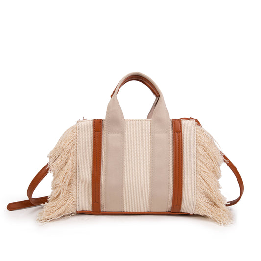 Borsa a Tracolla in Rafia/Tessuto/Ecopelle Beige riporti Cuoio