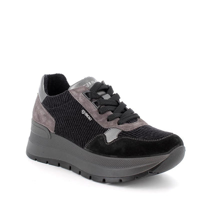 Sneakers Donna Igi&co con Zeppa in Pelle Scamosciata e Tessuto Nero