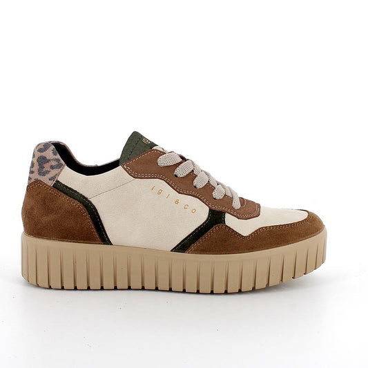 Sneakers Donna Igi&Co in Pelle Beige e riporti Cuoio