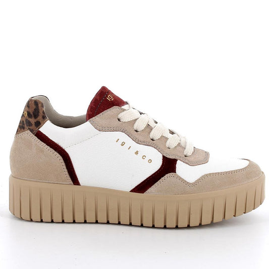 Sneakers Donna Igi&Co in Pelle Bianco e riporti Fango/Bordò