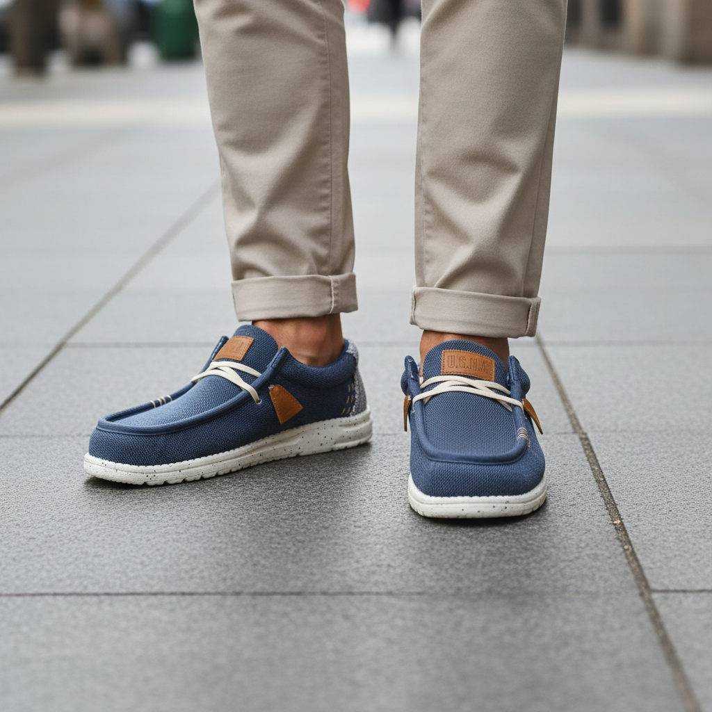 Mocassino Uomo U.S. GOLF CLUB in Tessuto Blu Jeans con Lacci Elastici e Sottopiede in Pelle