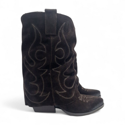 Mezzo Stivale Donna Risvolto Texano in Pelle Scamosciata Marrone