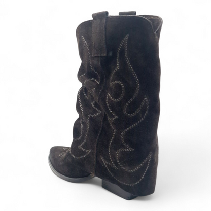 Mezzo Stivale Donna Risvolto Texano in Pelle Scamosciata Marrone