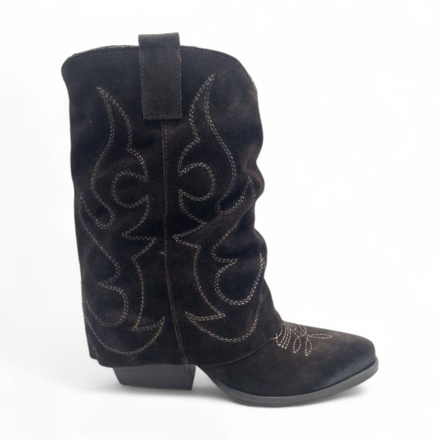 Mezzo Stivale Donna Risvolto Texano in Pelle Scamosciata Marrone