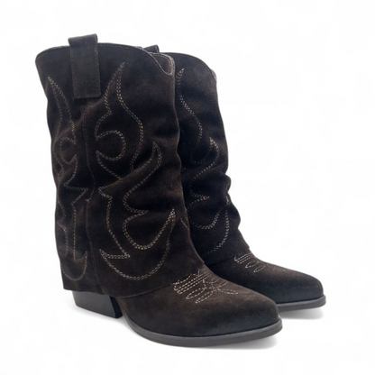 Mezzo Stivale Donna Risvolto Texano in Pelle Scamosciata Marrone