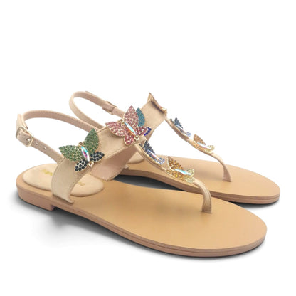 Sandalo Gioiello Donna Flat infradito Farfalle Pelle Scamosciata Beige
