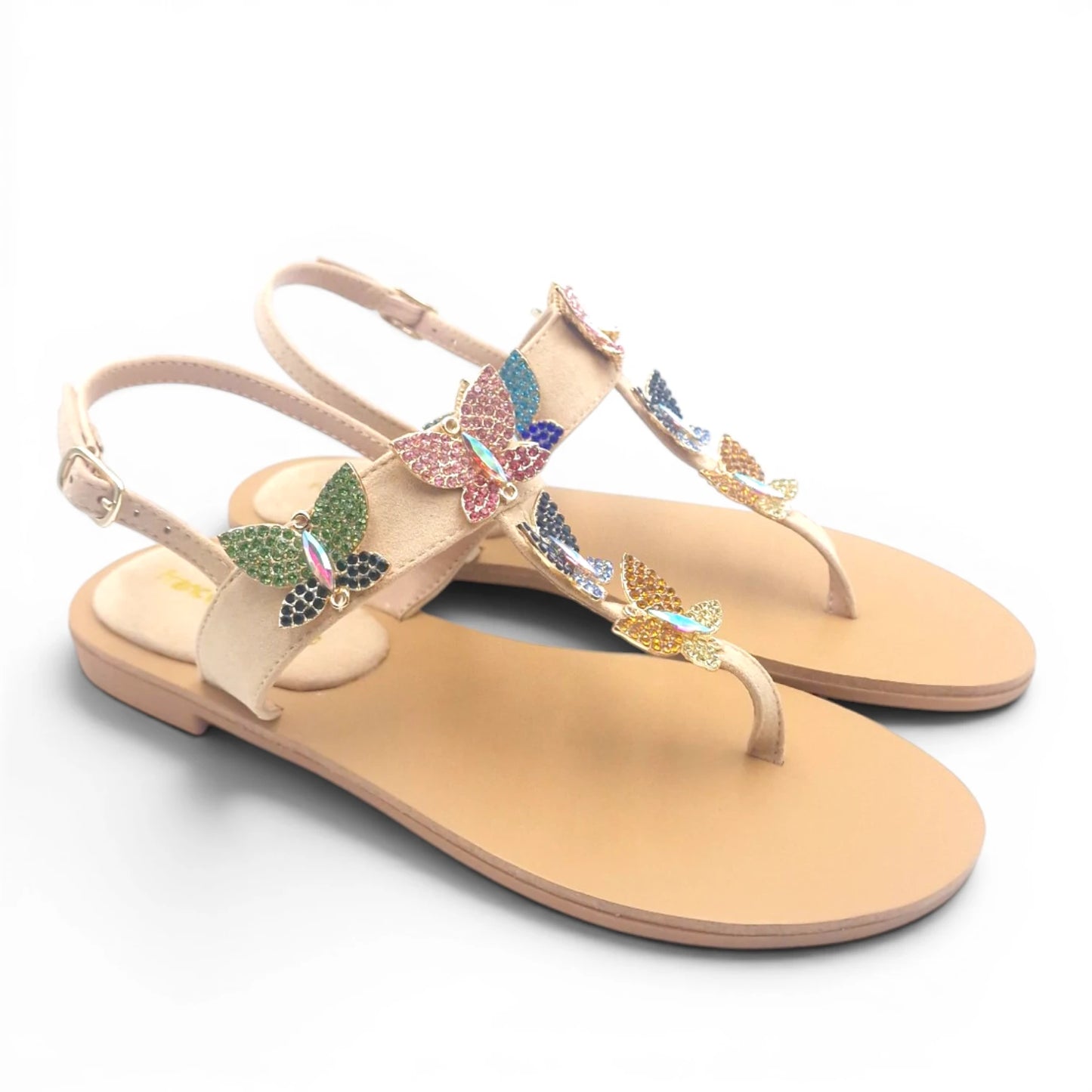 Sandalo Gioiello Donna Flat infradito Farfalle Pelle Scamosciata Beige