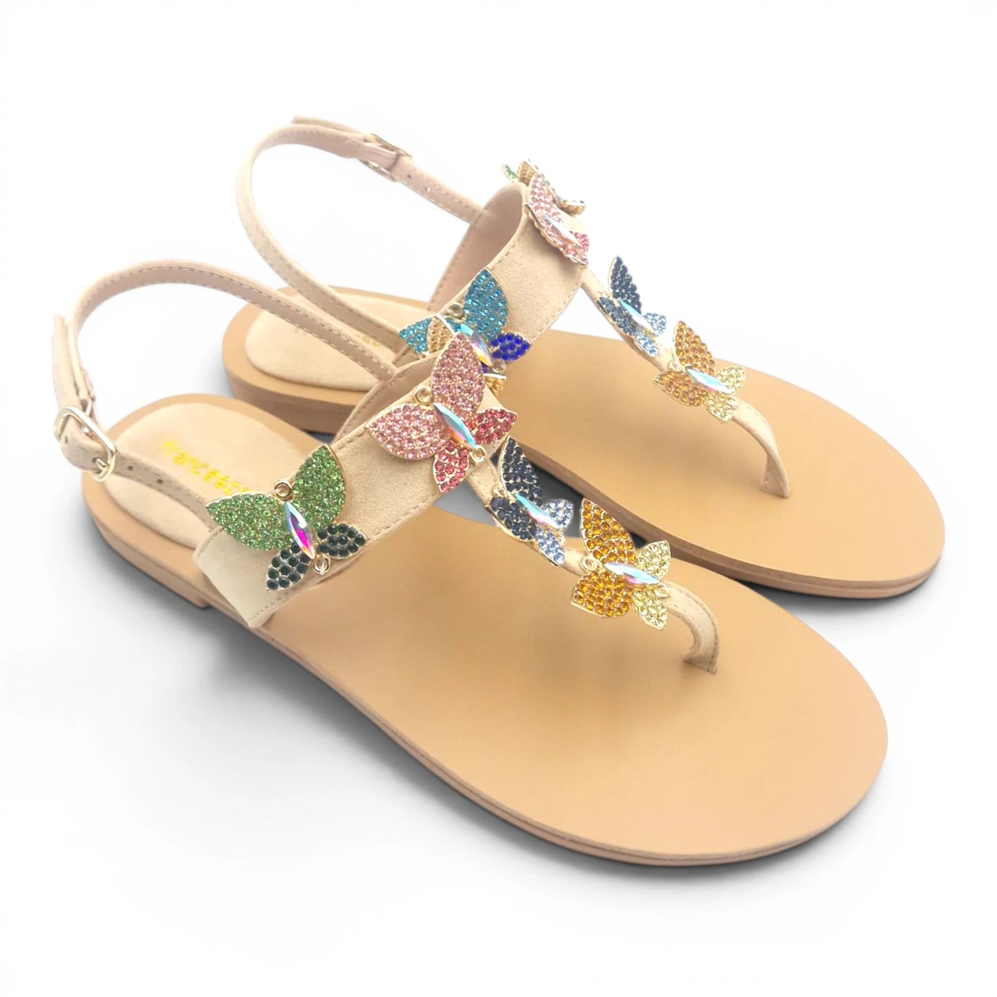 Sandalo Gioiello Donna Flat infradito Farfalle Pelle Scamosciata Beige
