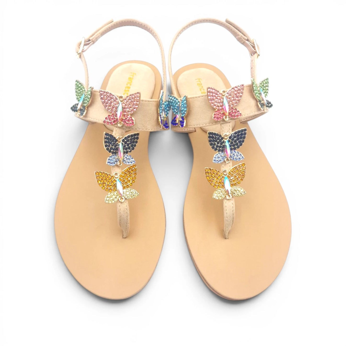 Sandalo Gioiello Donna Flat infradito Farfalle Pelle Scamosciata Beige