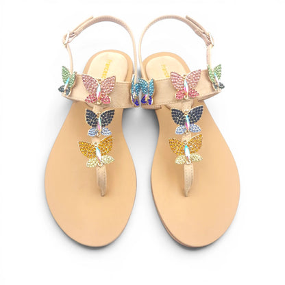 Sandalo Gioiello Donna Flat infradito Farfalle Pelle Scamosciata Beige