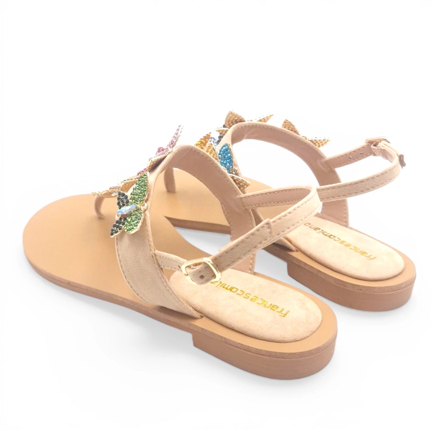 Sandalo Gioiello Donna Flat infradito Farfalle Pelle Scamosciata Beige