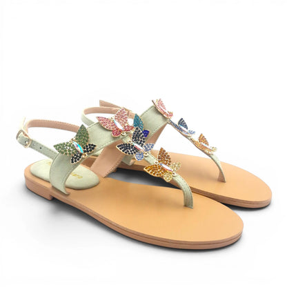 Sandalo Gioiello Donna Flat infradito Farfalle Pelle Scamosciata Verdino