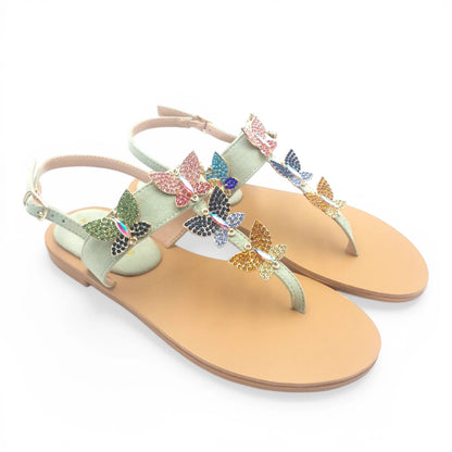 Sandalo Gioiello Donna Flat infradito Farfalle Pelle Scamosciata Verdino