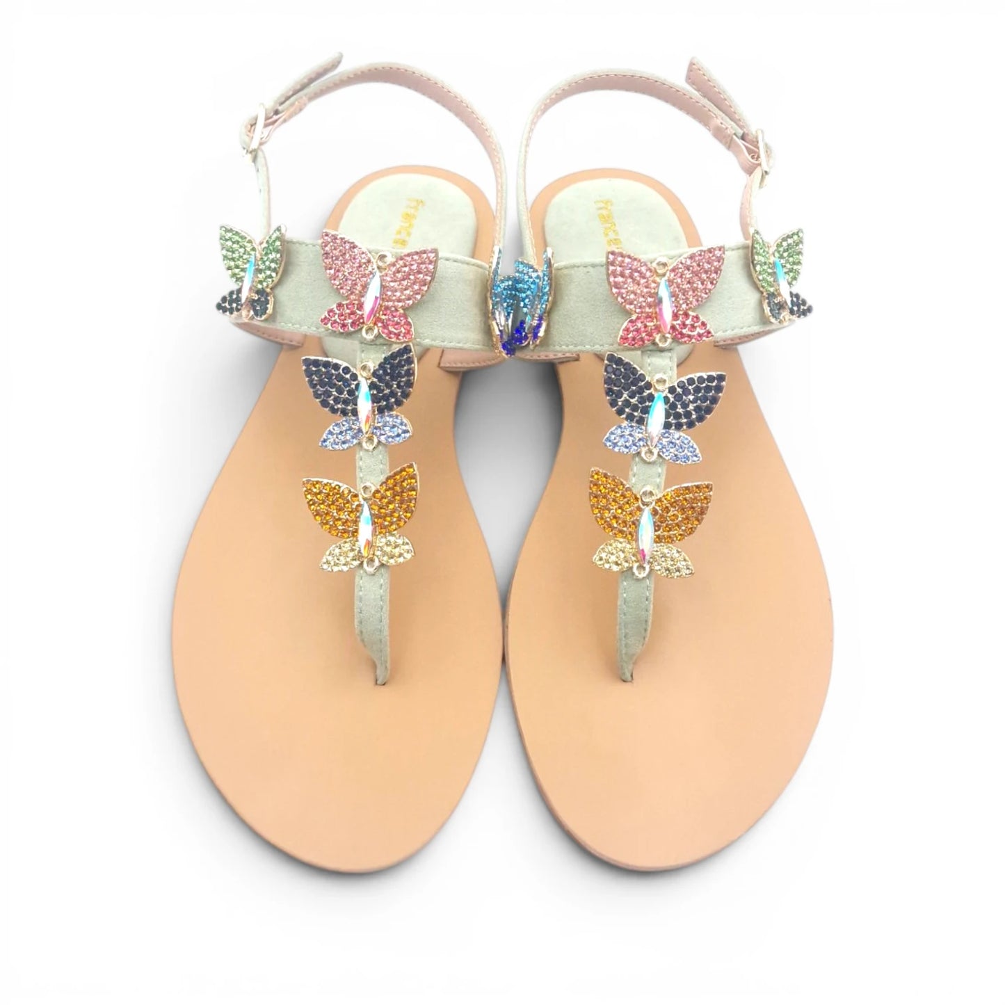 Sandalo Gioiello Donna Flat infradito Farfalle Pelle Scamosciata Verdino