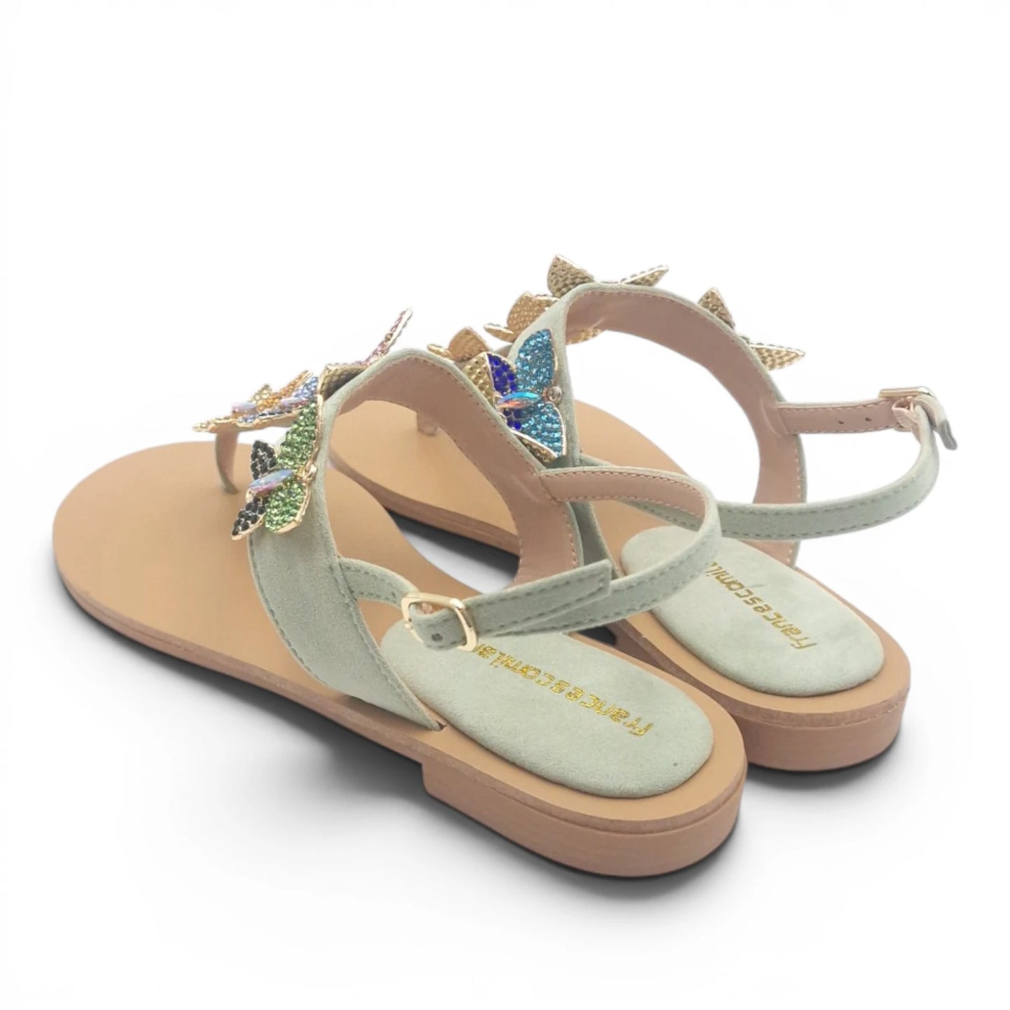 Sandalo Gioiello Donna Flat infradito Farfalle Pelle Scamosciata Verdino