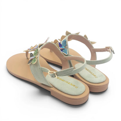 Sandalo Gioiello Donna Flat infradito Farfalle Pelle Scamosciata Verdino