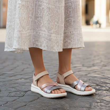 Sandalo Donna Igi&co con fasce intrecciate in Pelle laminata Cipria - Rosa - Piombo - Cinturino a strappo