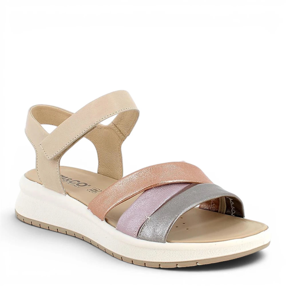 Sandalo Donna Igi&co con fasce intrecciate in Pelle laminata Cipria - Rosa - Piombo - Cinturino a strappo