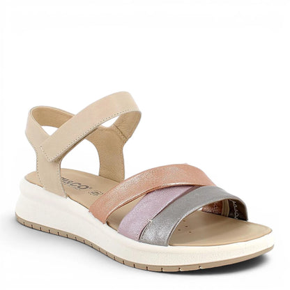 Sandalo Donna Igi&co con fasce intrecciate in Pelle laminata Cipria - Rosa - Piombo - Cinturino a strappo