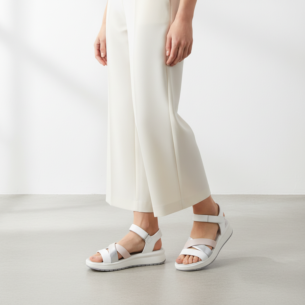 Sandalo Donna Igi&co con fasce intrecciate in Pelle Bianco - Argento - Cipria - Cinturino a strappo