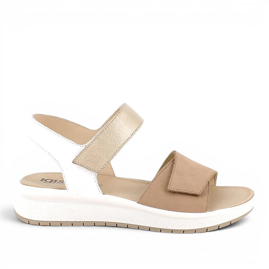 Sandalo Donna Igi&co con fascia regolabile in Pelle Beige - Bianco - Platino - Cinturino a strappo