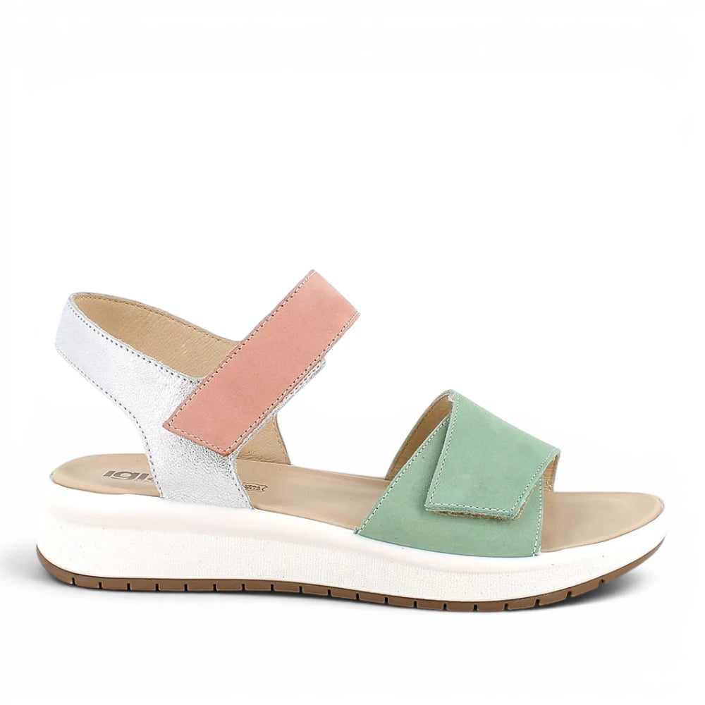 Sandalo Donna Igi&co con fascia regolabile in Pelle Verde - Argento - Rosa - Cinturino a strappo