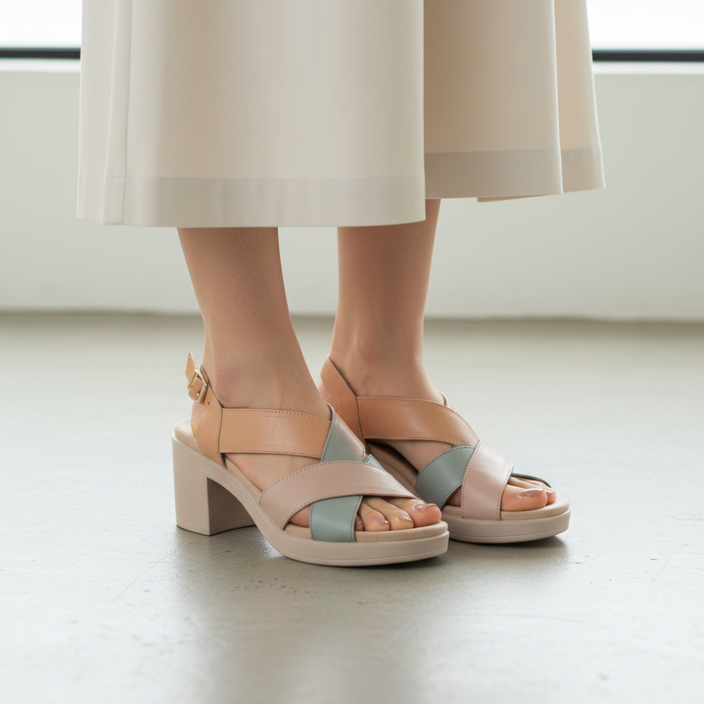 Sandalo Donna Igi&Co Fasce intrecciate in Pelle Beige - Cuoio - Verde con Tacco Largo