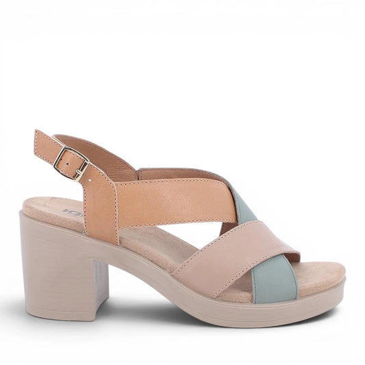 Sandalo Donna Igi&Co Fasce intrecciate in Pelle Beige - Cuoio - Verde con Tacco Largo