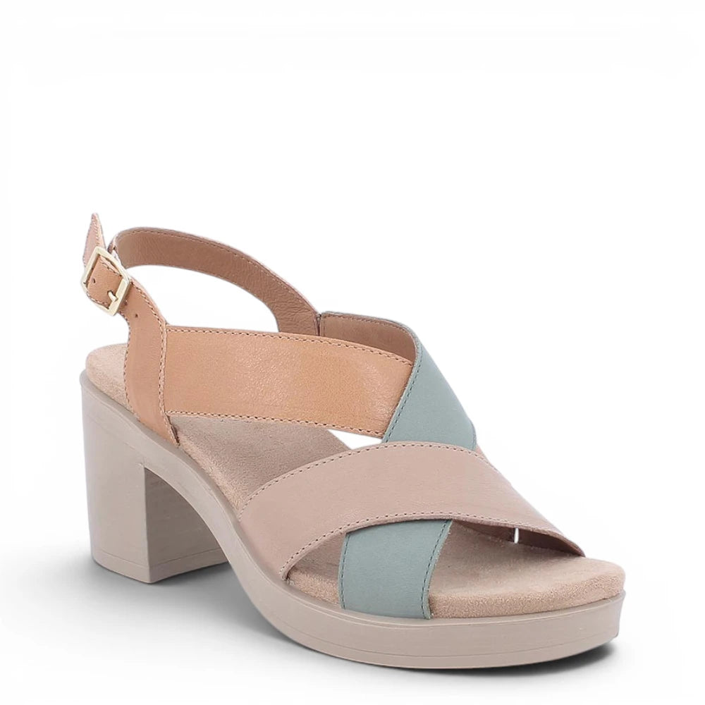 Sandalo Donna Igi&Co Fasce intrecciate in Pelle Beige - Cuoio - Verde con Tacco Largo
