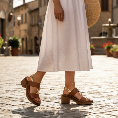 Sandalo Donna Igi&Co  in Pelle Cuoio Scuro con fasce regolabili e Tacco Largo