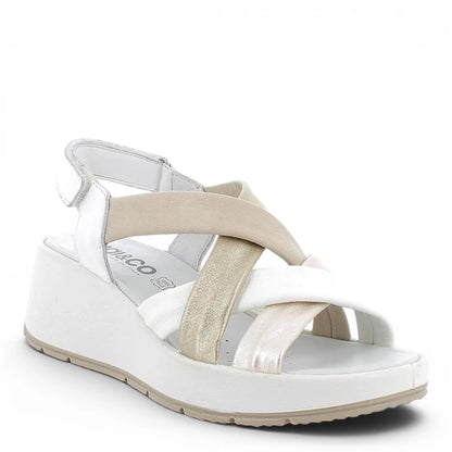 Sandalo Donna Igi&co con Zeppa e fasce in Pelle Beige-Bianco-Platino - Cinturino a strappo