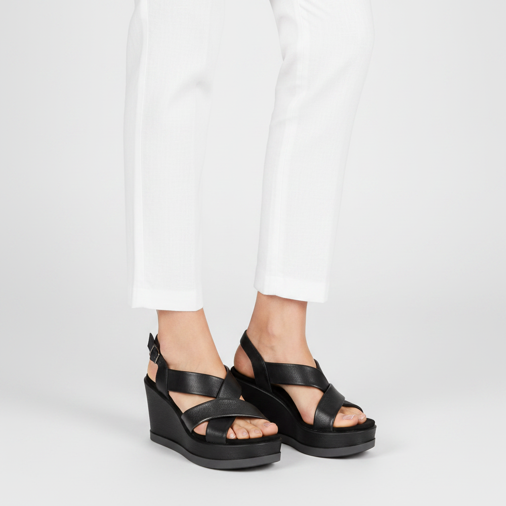 Sandalo Donna Igi&co Fasce incrociate in Pelle Nero e Zeppa Leggera