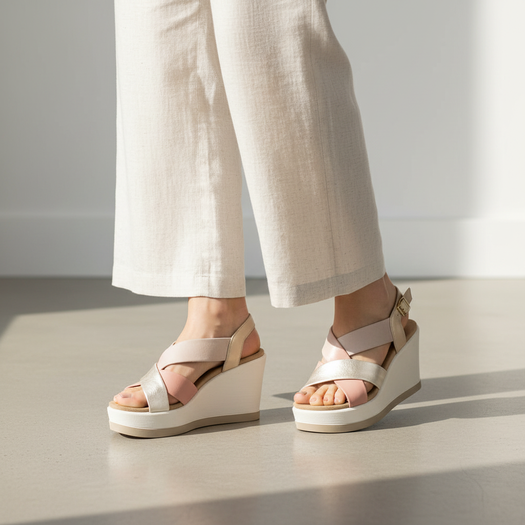 Sandalo Donna Igi&co Fasce incrociate in Pelle Nude - Platino - Beige e Zeppa Leggera