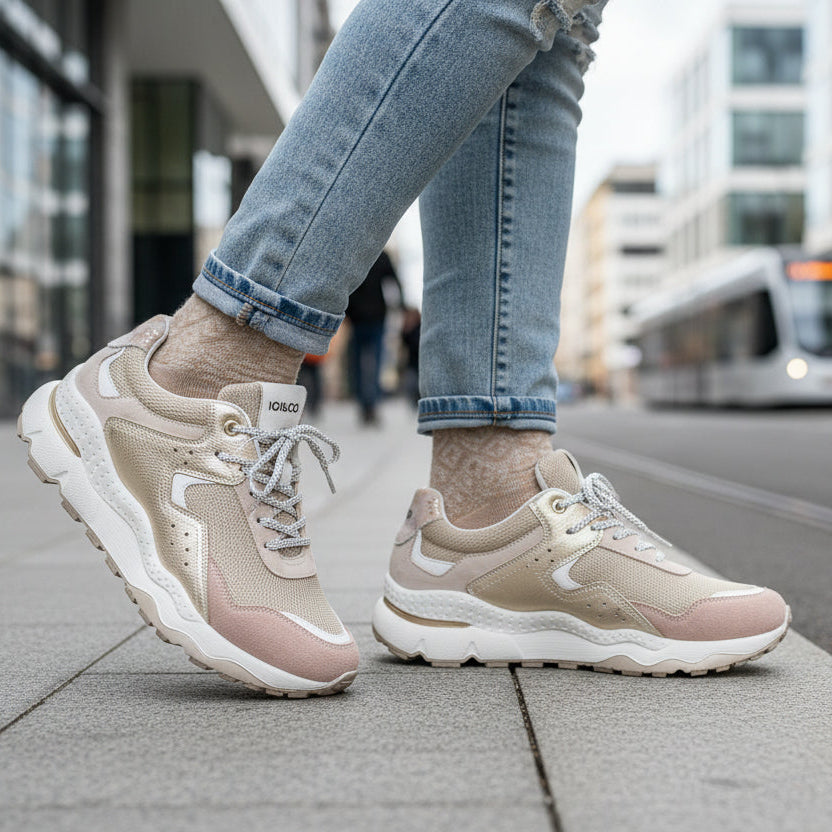 Sneakers Donna Igi&Co in Tessuto Beige e Pelle Rosa e Oro