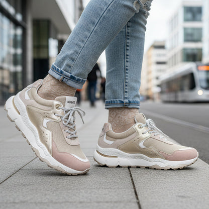 Sneakers Donna Igi&Co in Tessuto Beige e Pelle Rosa e Oro
