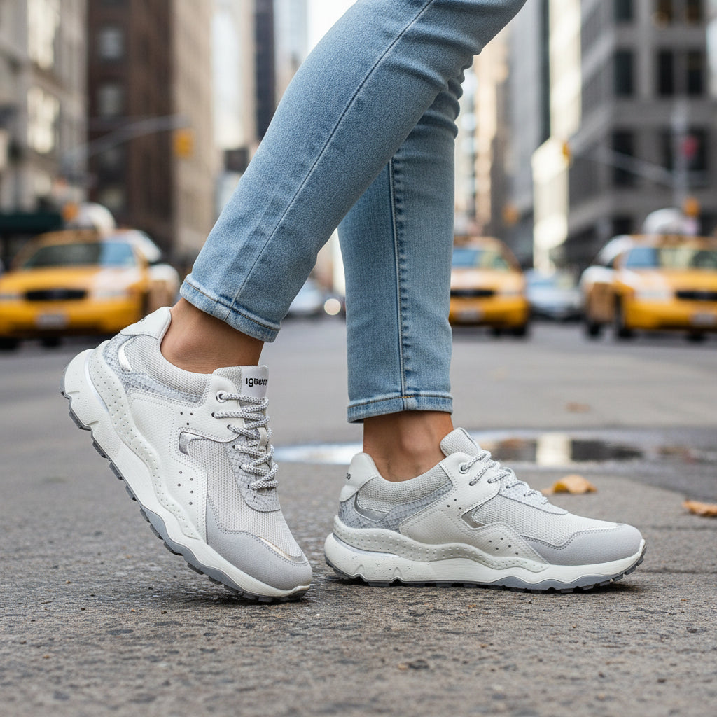 Sneakers Donna Igi&Co in Tessuto Ghiaccio e Pelle Perla e Bianco