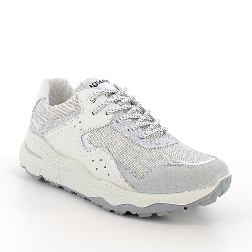 Sneakers Donna Igi&Co in Tessuto Ghiaccio e Pelle Perla e Bianco