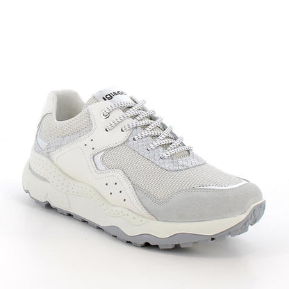 Sneakers Donna Igi&Co in Tessuto Ghiaccio e Pelle Perla e Bianco